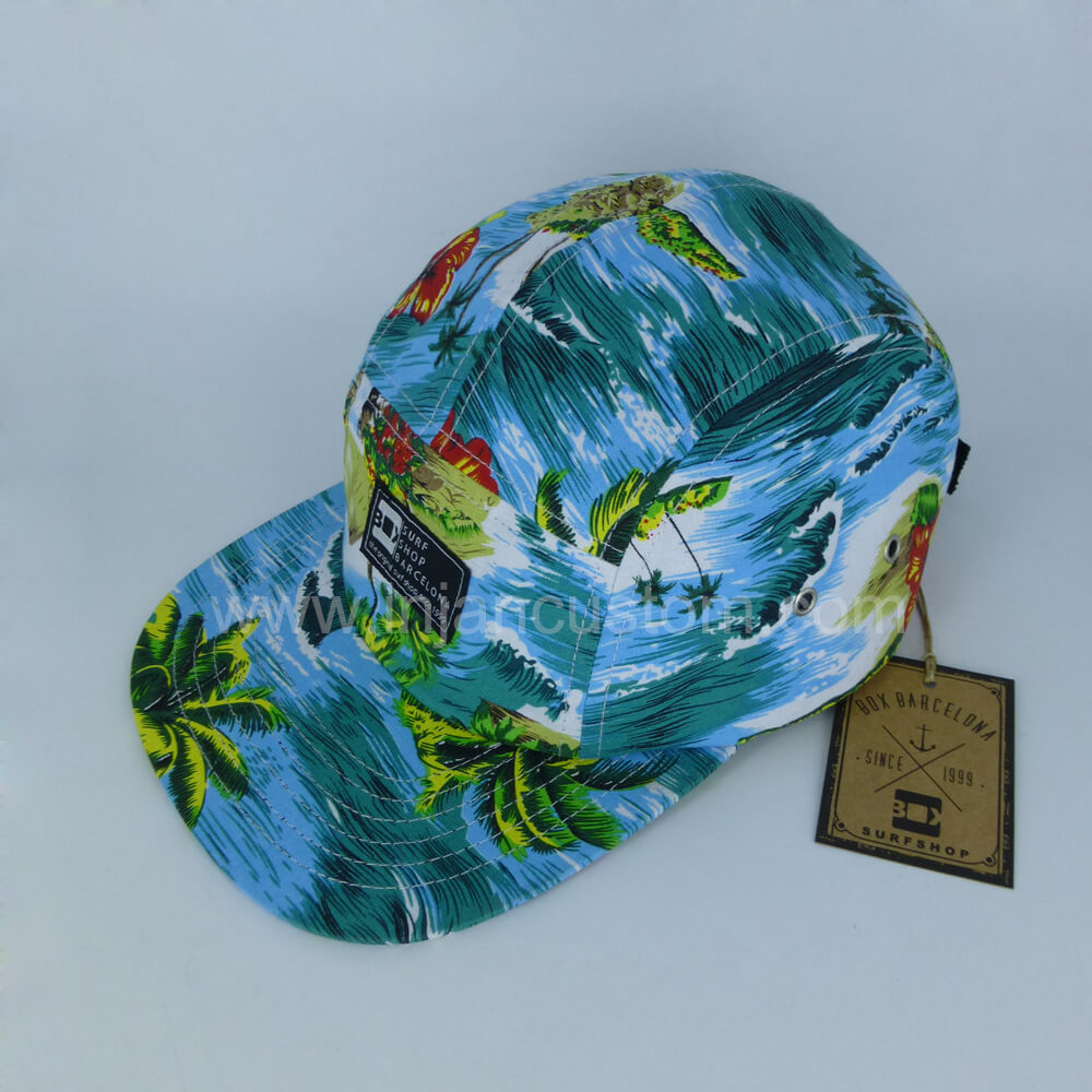 Custom 5 Panel Hats with All Over Printing Design and Front Woven Label
